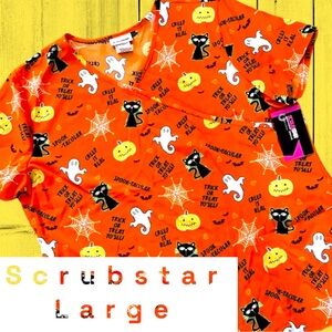 NWT-SZ: L Scrubstar Scrubs Stretch Top Womens Halloween Cats/Pumpkins /Ghosts